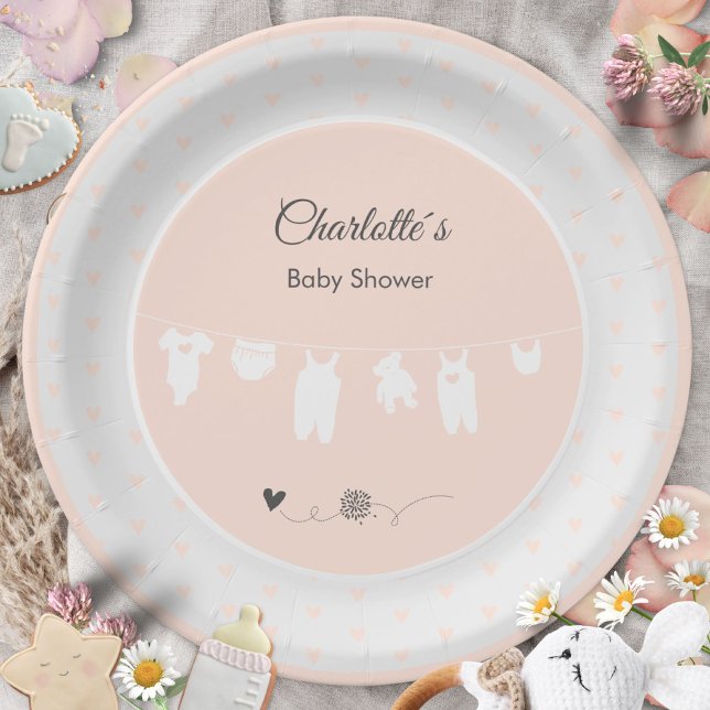 Peach Pink Hearts Clothesline Baby Girl Shower Paper Plate (Peach Pink Heart Pattern Clothesline Baby Shower Paper Plates ©Susanne Sachers - Sunny Mind 🌞)