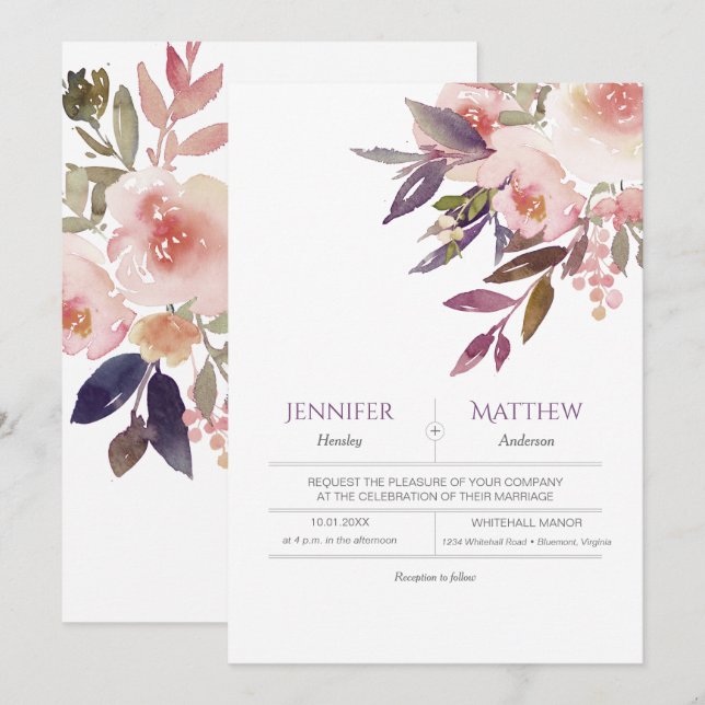 Peach Pink Lavender Watercolor Wedding Invitations (Front/Back)