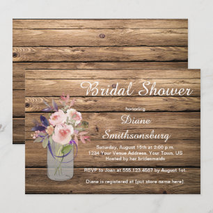 Peach Pink Lavender Wildflowers Barnwood Bridal Invitation