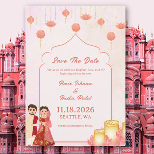 Peach Pink Lotus Lanterns Indian Save the Date