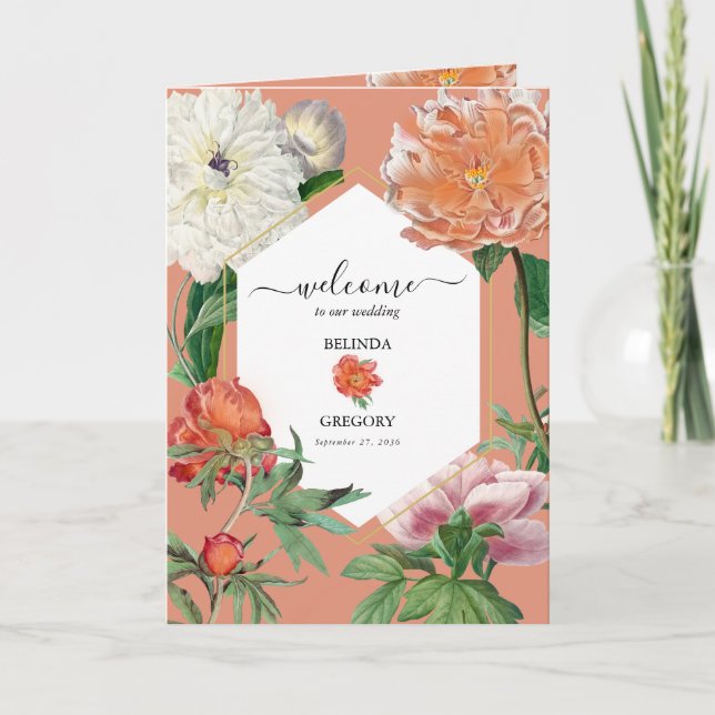 Peach Pink Peonies Wedding Order of Service Program (Front)