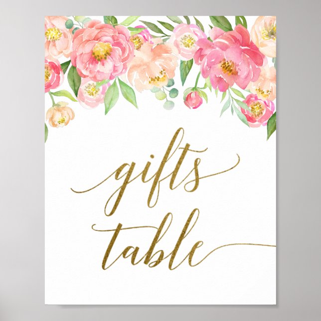 Peach & Pink Peony Flower Gifts Table Sign (Front)
