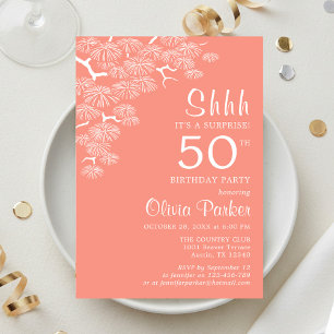 Peach Pink Pine Branch Surprise 50th Birthday Invitation