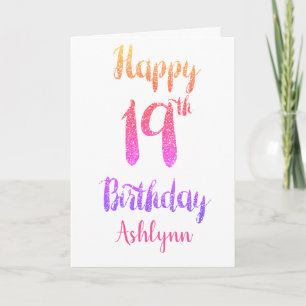 Peach Pink Purple Glitter 19th Birthday Card