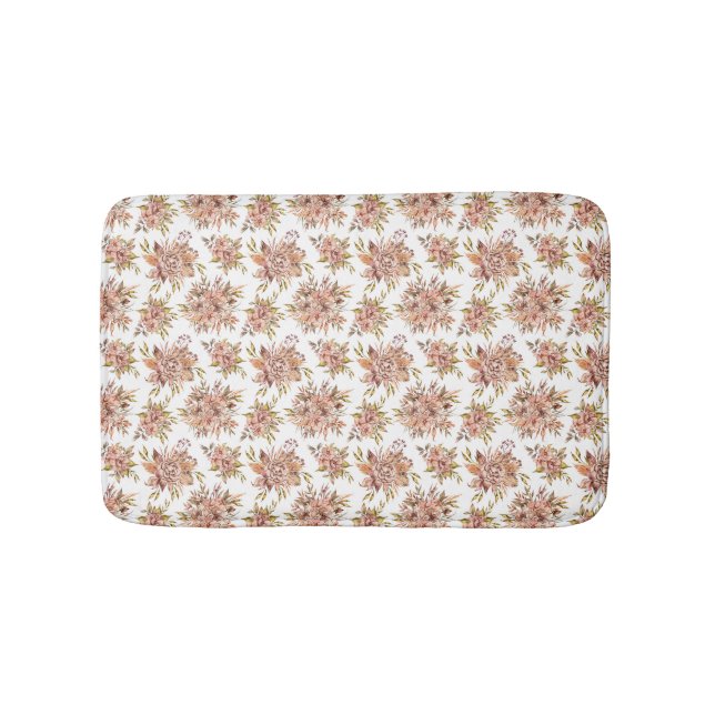 Peach Pink Red Brown Green Floral Flowers  Bath Mat (Front)