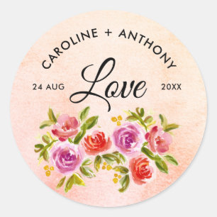 Peach Pink Red Watercolor Floral Wedding  Classic Round Sticker