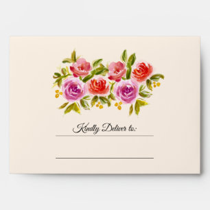 Peach Pink Red Watercolor Floral Wedding Envelope