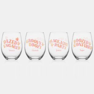 Peach Pink Retro Dazed and Engaged Stemless Wine Glass