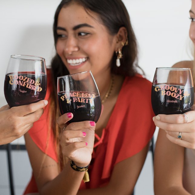 Peach Pink Retro Girls Trip Stemless Wine Glass (Creator Uploaded)