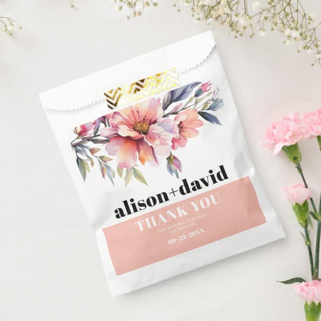 Peach pink rhododendron, bold typography wedding favour bag (Sealed)