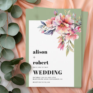 Peach pink rhododendron flowers sage green wedding invitation