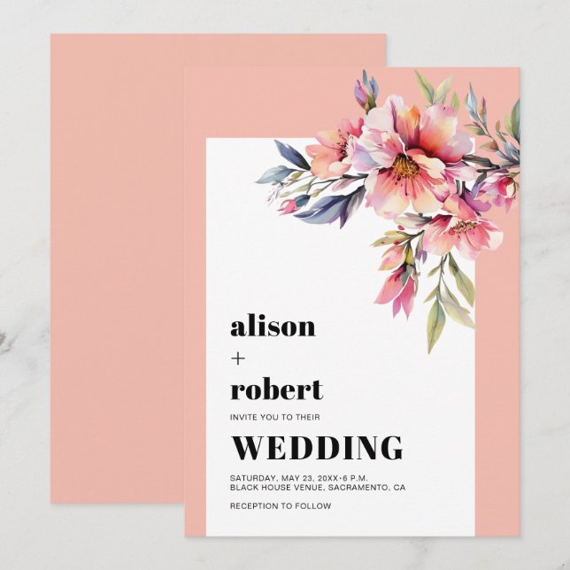 Peach pink rhododendron flowers sage green wedding invitation (Front/Back)