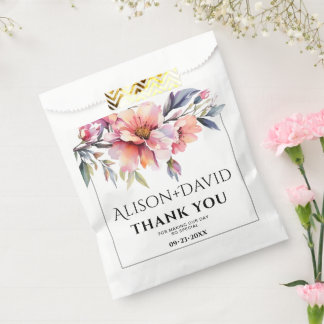 Peach-pink rhododendron flowers typography wedding favour bag
