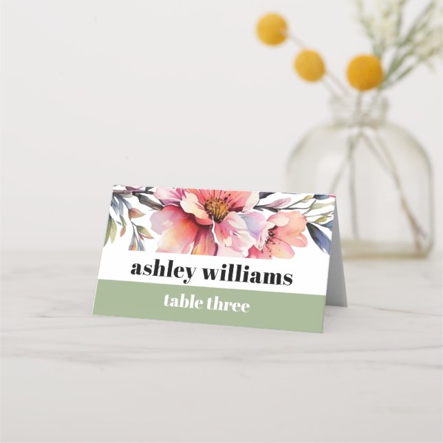 Peach-pink rhododendron flowers typography wedding place card (Front)