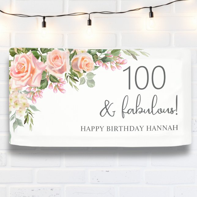 Peach | Pink Rose Floral 100th Birthday  Banner (Creator Uploaded)