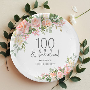 Peach Pink Rose Floral 100th Birthday  Paper Plate