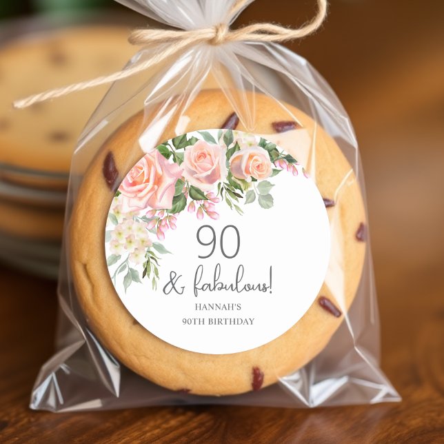 Peach Pink Rose Floral 90th Birthday  Classic Round Sticker (Creator Uploaded)