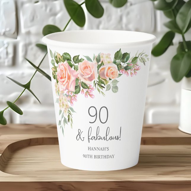 Peach Pink Rose Floral 90th Birthday  Paper Cups (Creator Uploaded)