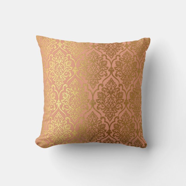 Peach Pink Rose Gold Damask Royal Luxury Decor Throw Pillow (Front)