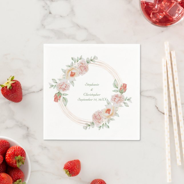 Peach Pink Rose Green Floral Gold Frame Wedding  Napkin (Insitu)