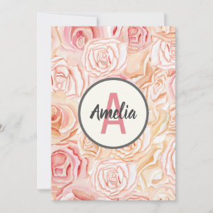 Peach & Pink Rose Watercolor Personalized Monogram Thank You Card