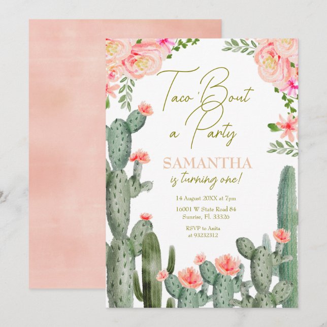 Peach Pink Taco Cactus Birthday Invitation (Front/Back)