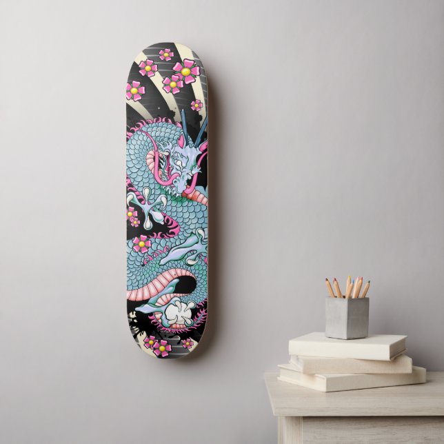 Peach Pink Tattoo Dragon Vector Art Tattoo Style Skateboard (Wall Art)