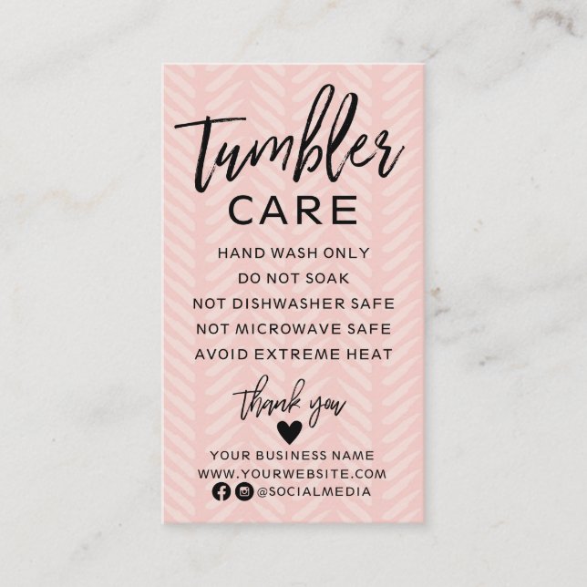 Peach Pink Tumbler Care Instructions Business Card (Front)