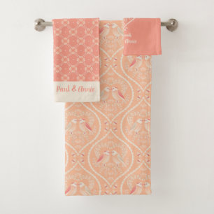 Peach Pink Valentine's Day Tweethearts Lovebirds  Bath Towel Set