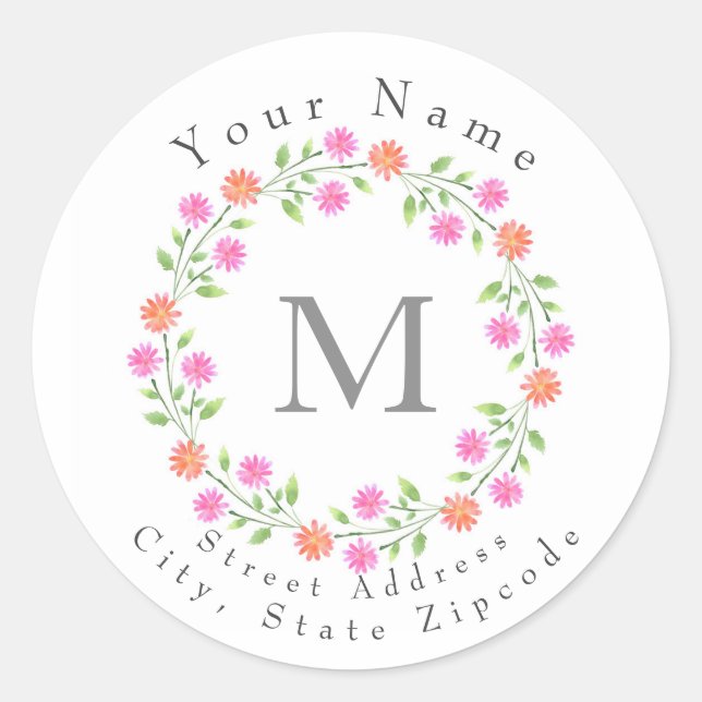  Peach & Pink Watercolor Daisies Wreath Classic Round Sticker (Front)