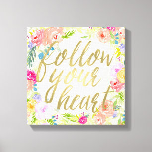 Peach Pink Watercolor Floral Follow your heart Canvas Print