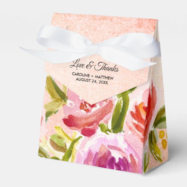 Peach Pink Watercolor Floral Wedding Favor Box (Front Side)