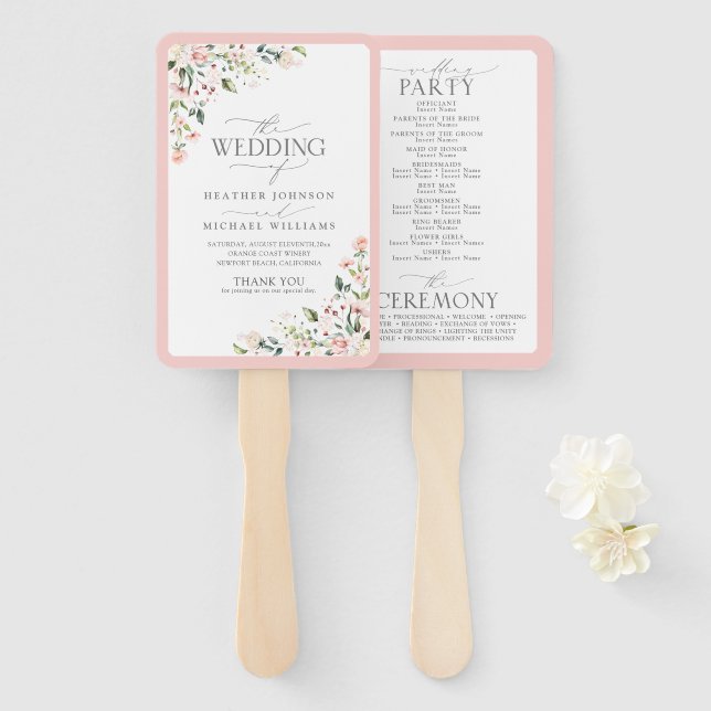 Peach Pink Watercolor Floral Wedding Program Hand Fan (Front and Back)