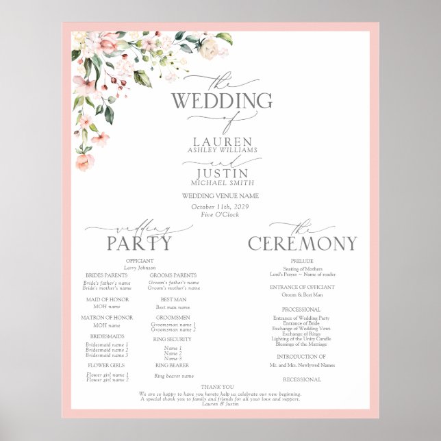 Peach Pink Watercolor Floral Wedding Program Poster (Front)