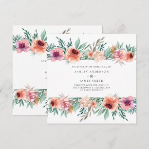 Peach & Pink Watercolor Flowers Modern Wedding Invitation
