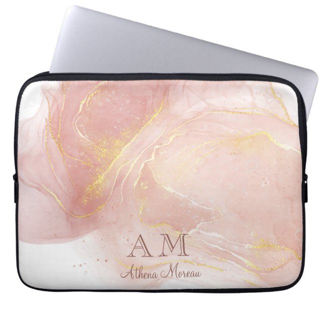 Peach Pink Watercolor Ink Customizable Laptop Sleeve (Front)