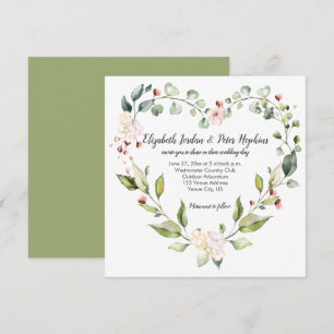 Peach Pink White Green Floral Heart Wreath Wedding Invitation