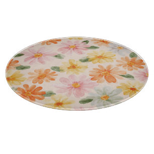 Peach Pink Yellow Blue Flowers  Cutting Board
