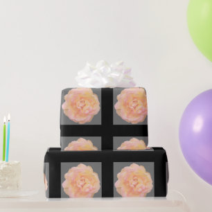 Peach Pink Yellow Rose Design on Black Background Wrapping Paper