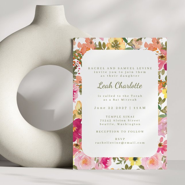 Peach Pink Yellow Watercolor Floral Bat Mitzvah Invitation (Creator Uploaded)