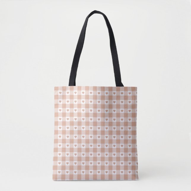 Peach Plaid Heart Gingham Retro Color Tote Bag (Front)