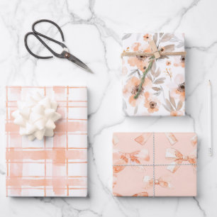 Peach Plaid Stripes Bows Floral Birthday Wrapping Paper Sheet
