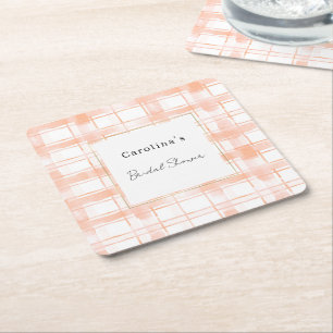 Peach Plaid Stripes Bridal Shower Square Paper Coaster
