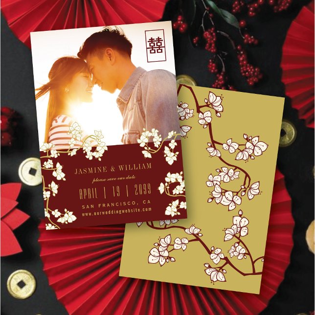 Peach/Plum Blossom Flowers Double Xi Photo Chinese Save The Date (Burgundy Red/Gold/Ivory White Peach/Plum Blossom Flowers Chinese Wedding Photo Save The Date Card)
