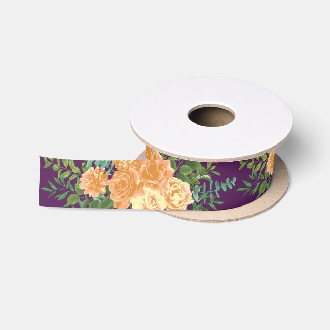 Peach & Plum Purple Peony & Rose Floral Wedding Satin Ribbon (Spool)