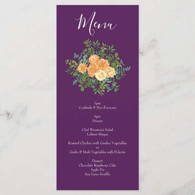 Peach Plum Purple Peony Rose Menu Mariage (Devant)