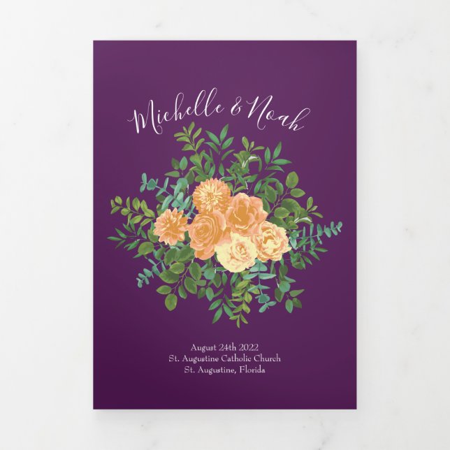 Peach Plum Purple Peony Rose Wedding Programs Tri-Fold Programme (Cover)