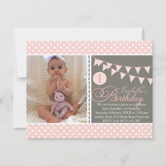 Peach Polka Dot Bunting First Birthday Invite (Front)