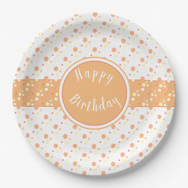 Peach Polka Dot Patterned Paper Birthday Plate (Front)