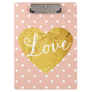 Peach Polka Dots Fake Gold Love Heart Cute Girly Clipboard